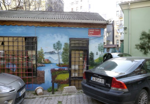 Eine Seenlandschaft zwischen parkenden Autos in Cihangir